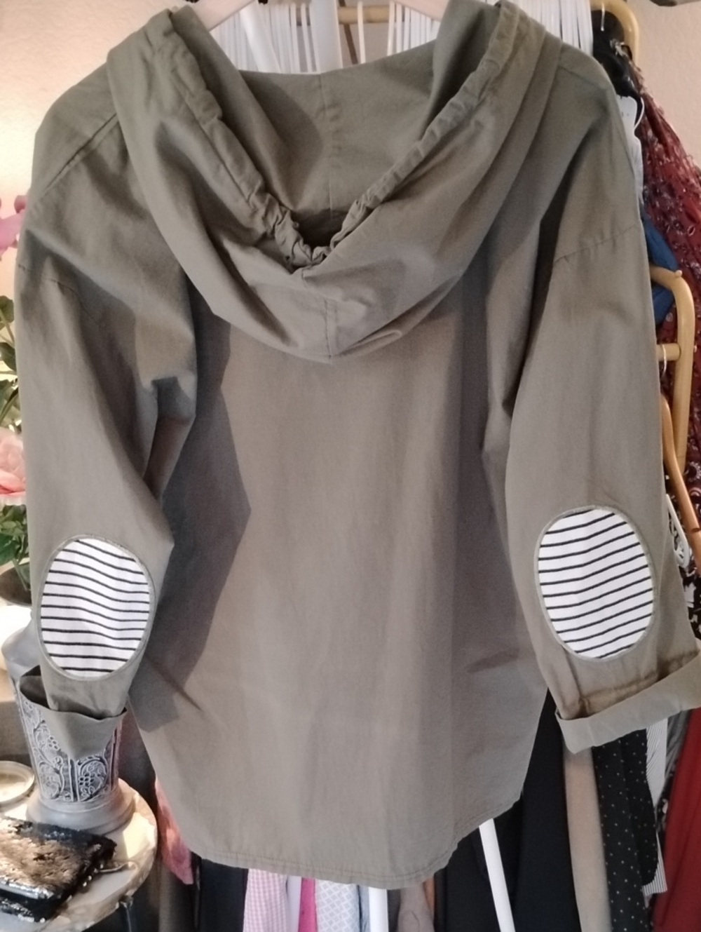 HACO Korean Olive Hooded Jacket with Striped Elbow Patches